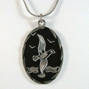 Etched Flying Bird Pewter Pendant Necklace Vintage